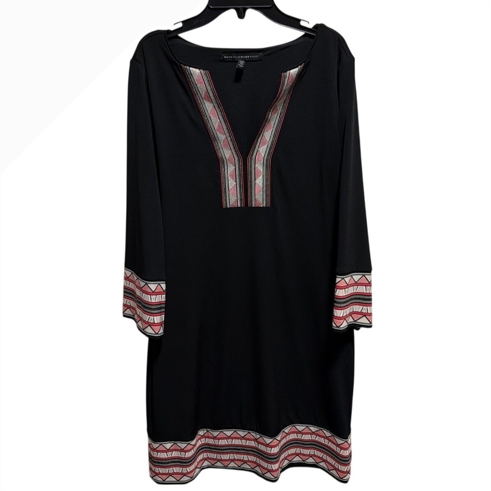 White House Black Market Black Geometric Embroidered V-Neck 3/4 Sleeve Dress